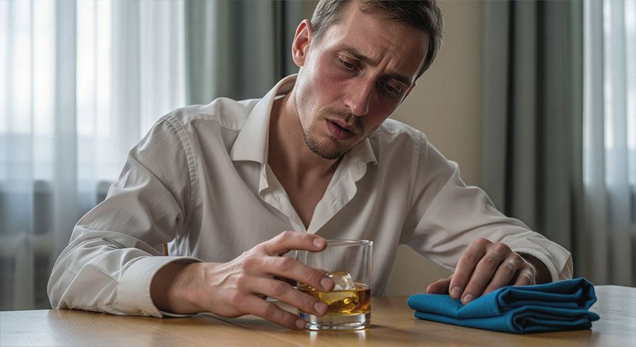 Мужчина страдающий от алкоголизма пьет виски